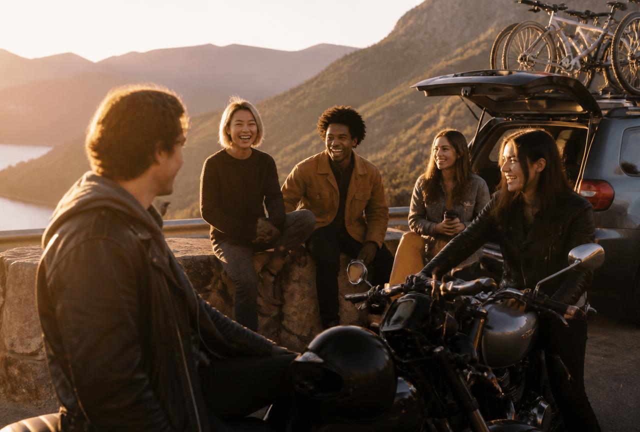Friends on a road trip stop at a mountain overlook
