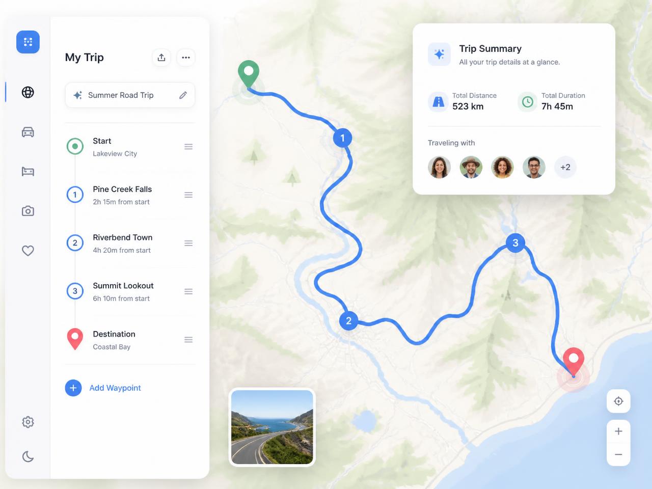 Trip planner showing a route with start, waypoints and destination